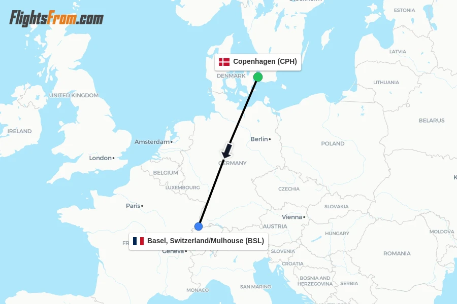 Flights from Copenhagen to Basel, Switzerland/Mulhouse route map