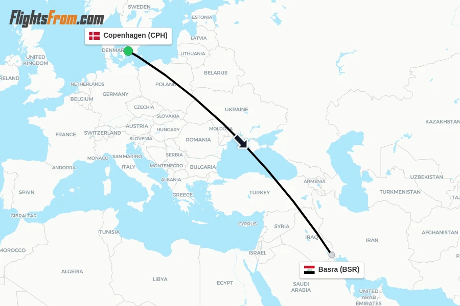 Flights from Copenhagen to Basra route map