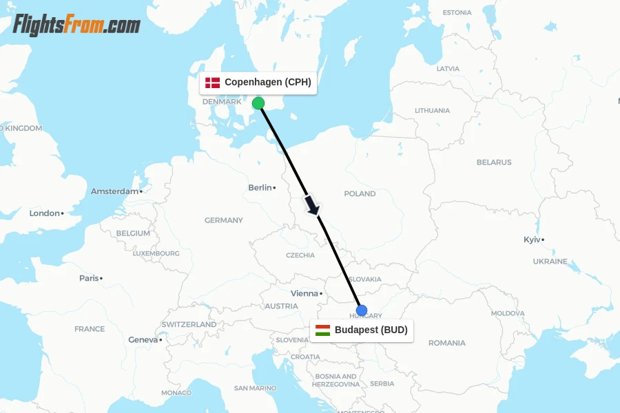 Flights from Copenhagen to Budapest route map