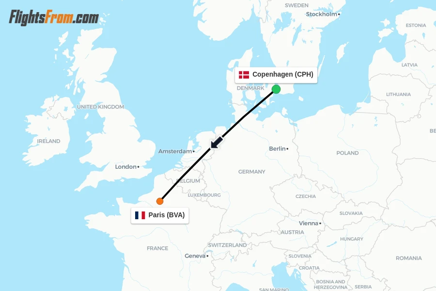 Flights from Copenhagen to Paris route map