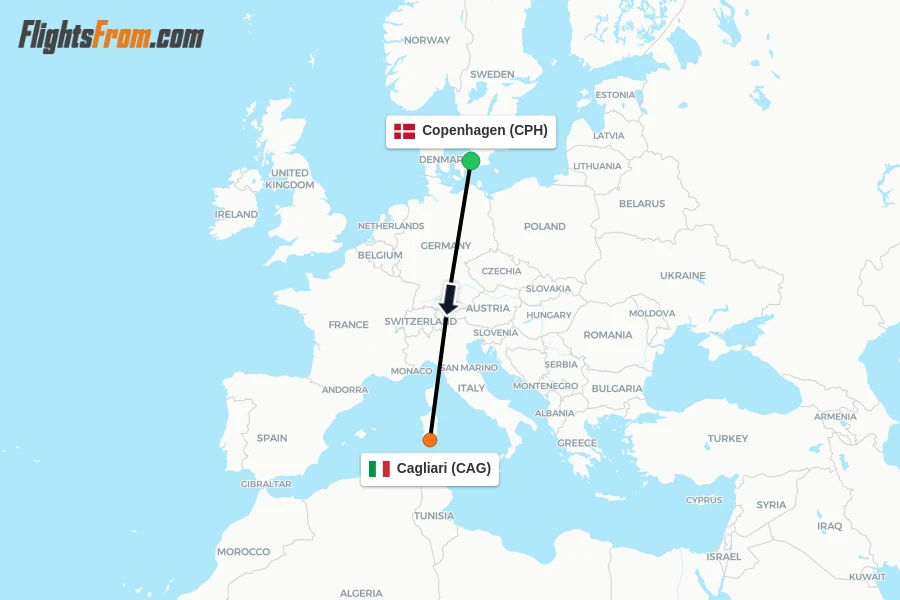 Flights from Copenhagen to Cagliari route map