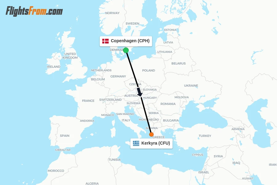 Flights from Copenhagen to Kerkyra route map