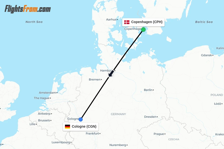Flights from Copenhagen to Cologne route map