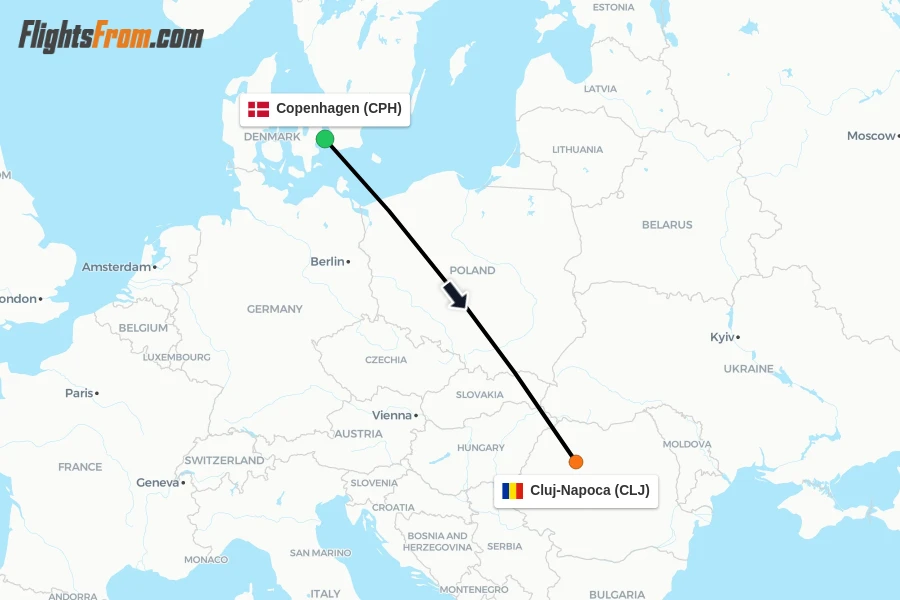 Flights from Copenhagen to Cluj-Napoca route map