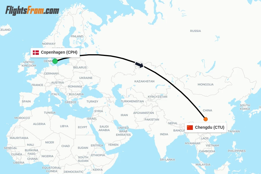 Flights from Copenhagen to Chengdu route map