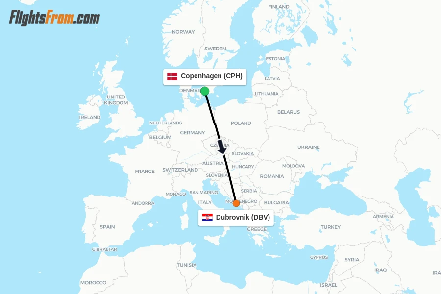 Flights from Copenhagen to Dubrovnik route map