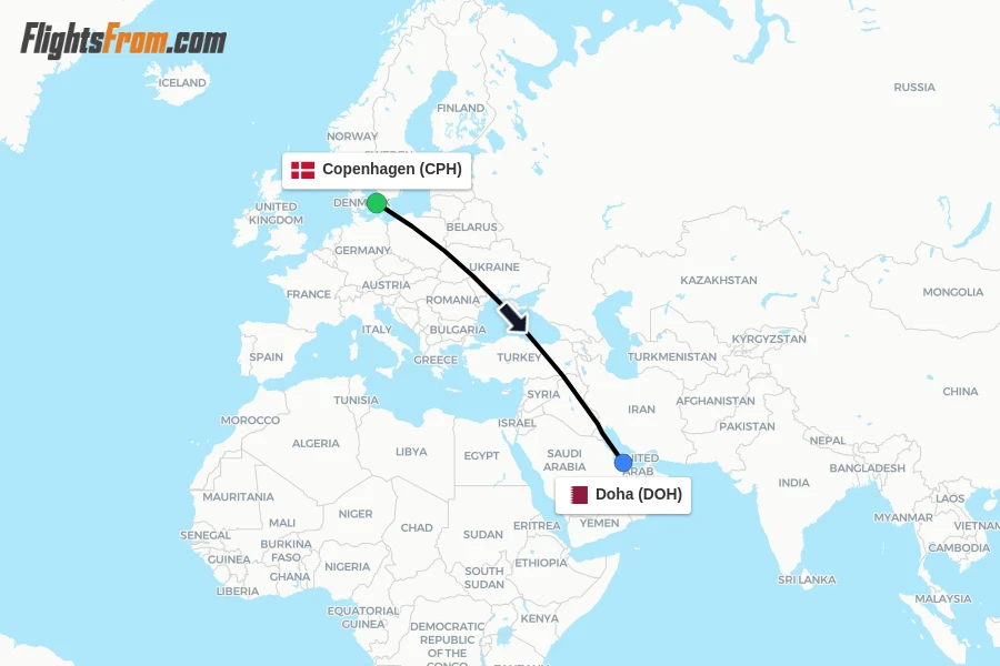 Flights from Copenhagen to Doha route map