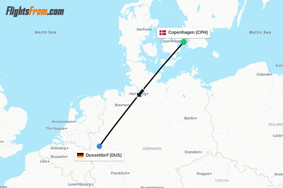Flights from Copenhagen to Dusseldorf route map