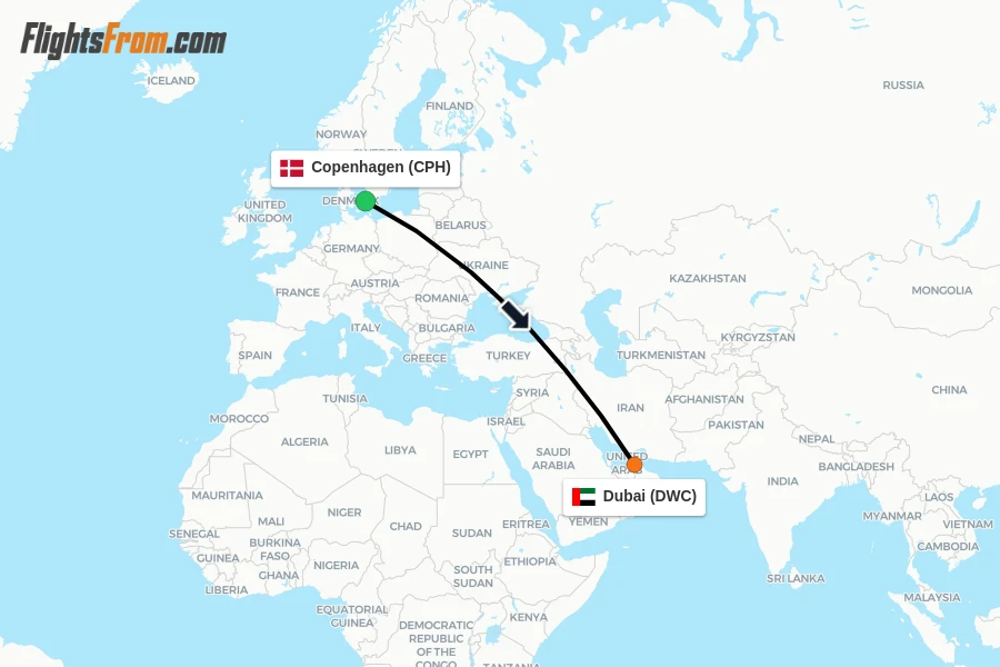Flights from Copenhagen to Dubai route map