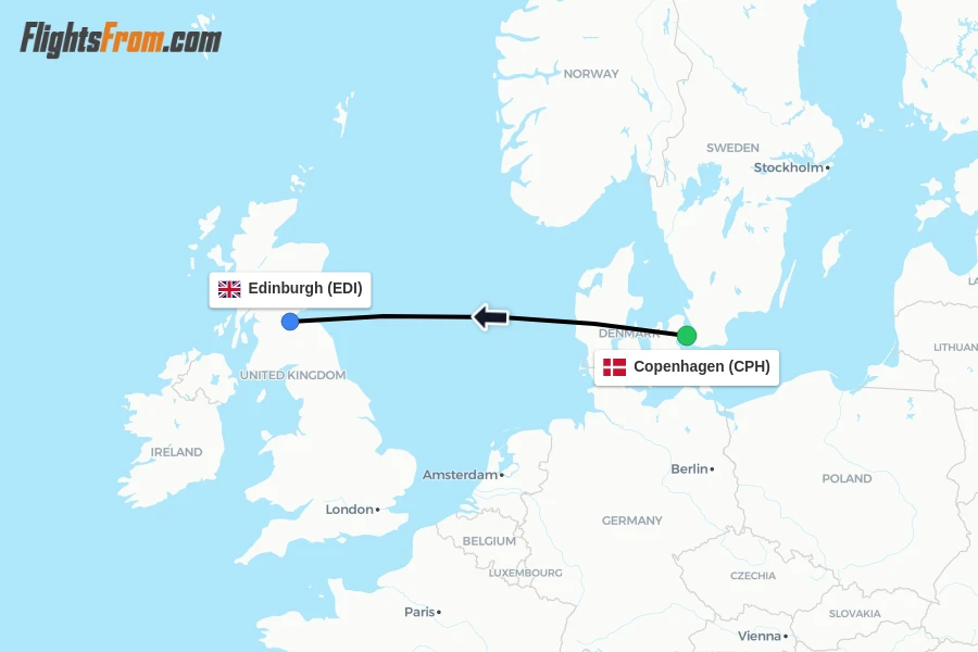 Flights from Copenhagen to Edinburgh route map