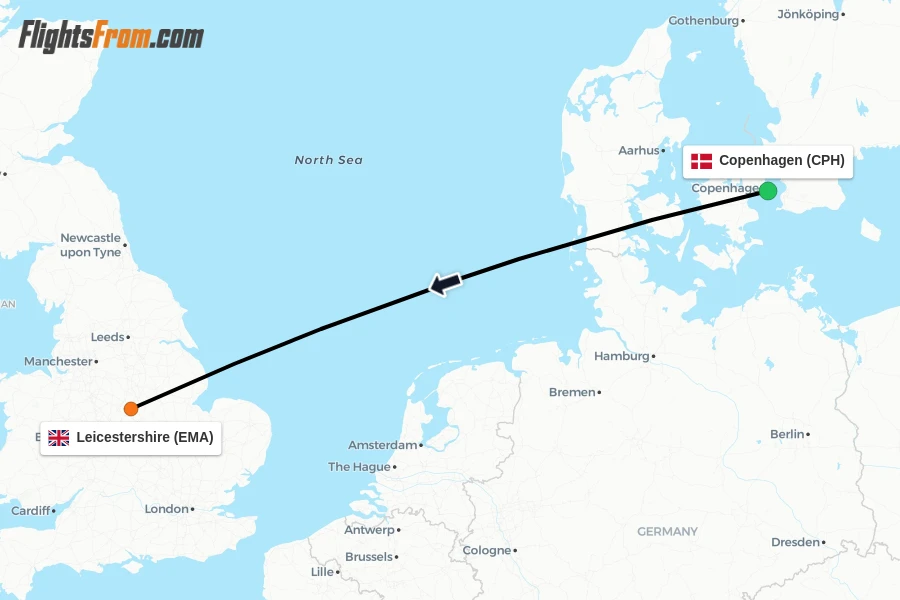 Flights from Copenhagen to Leicestershire route map