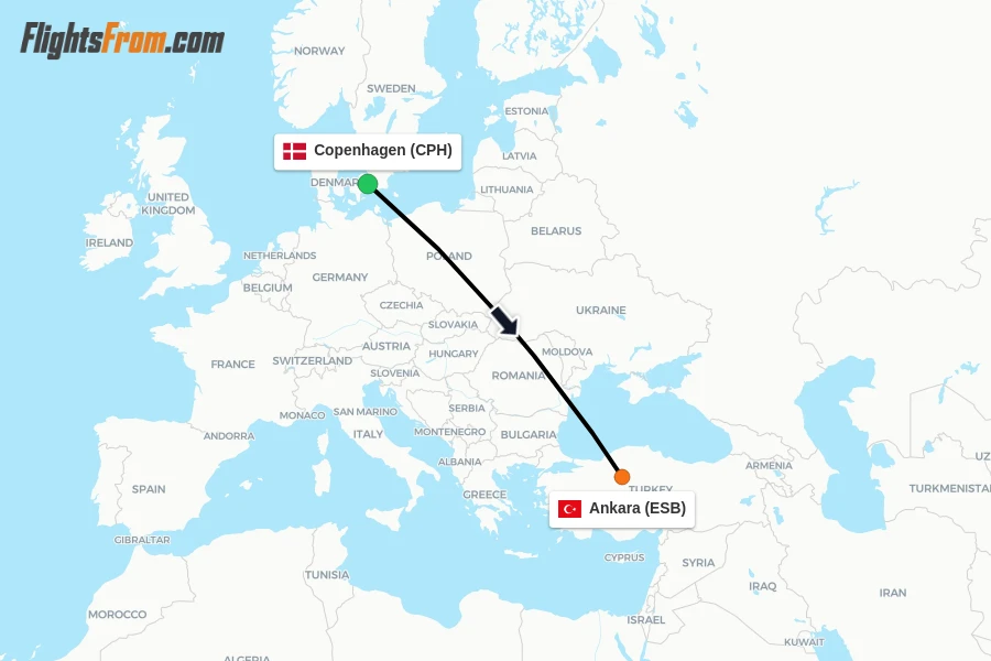 Flights from Copenhagen to Ankara route map