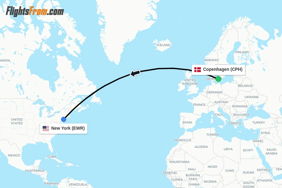 Flights from Copenhagen to New York route map