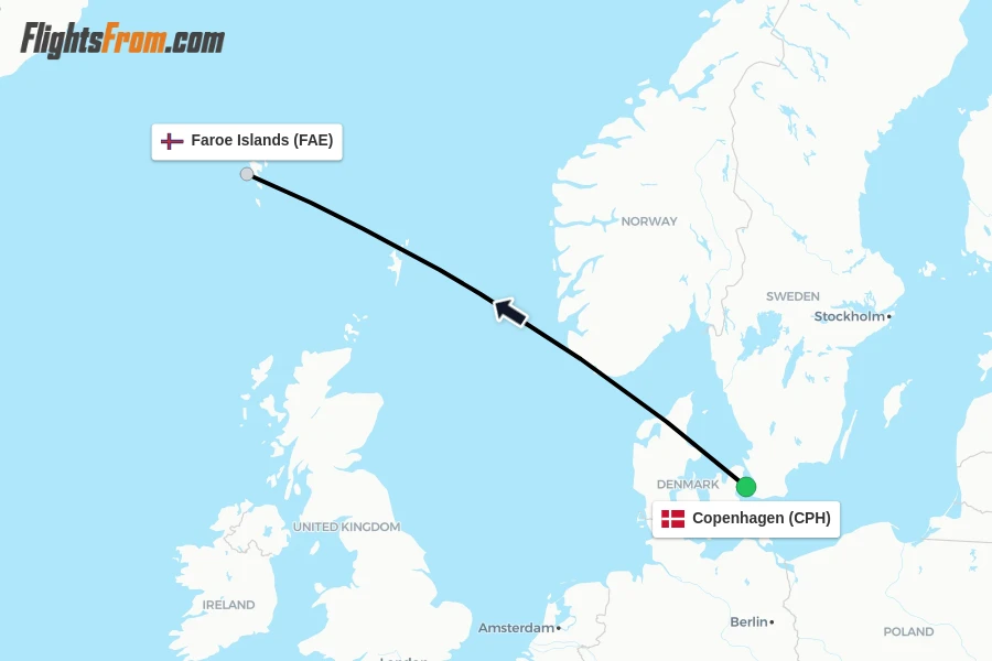 Flights from Copenhagen to Faroe Islands route map