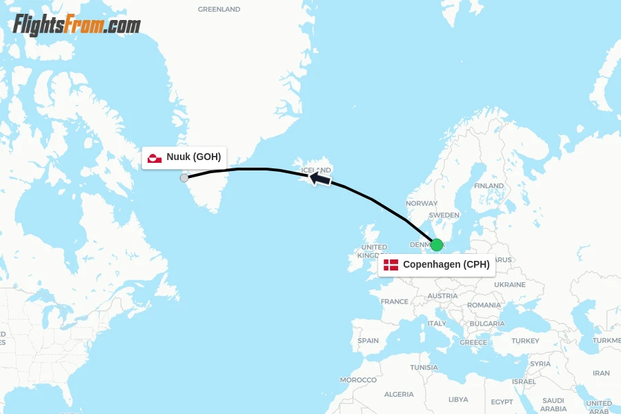 Flights from Copenhagen to Nuuk route map