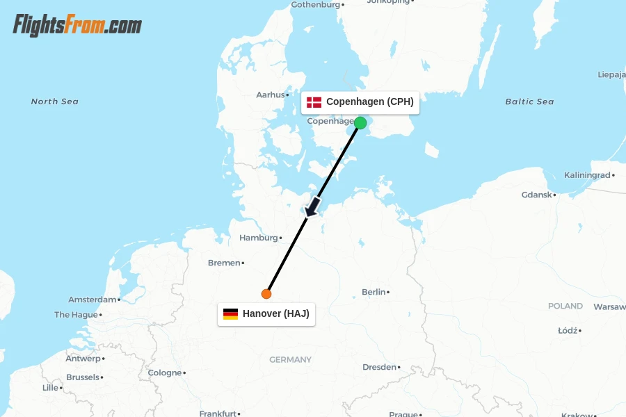 Flights from Copenhagen to Hanover route map