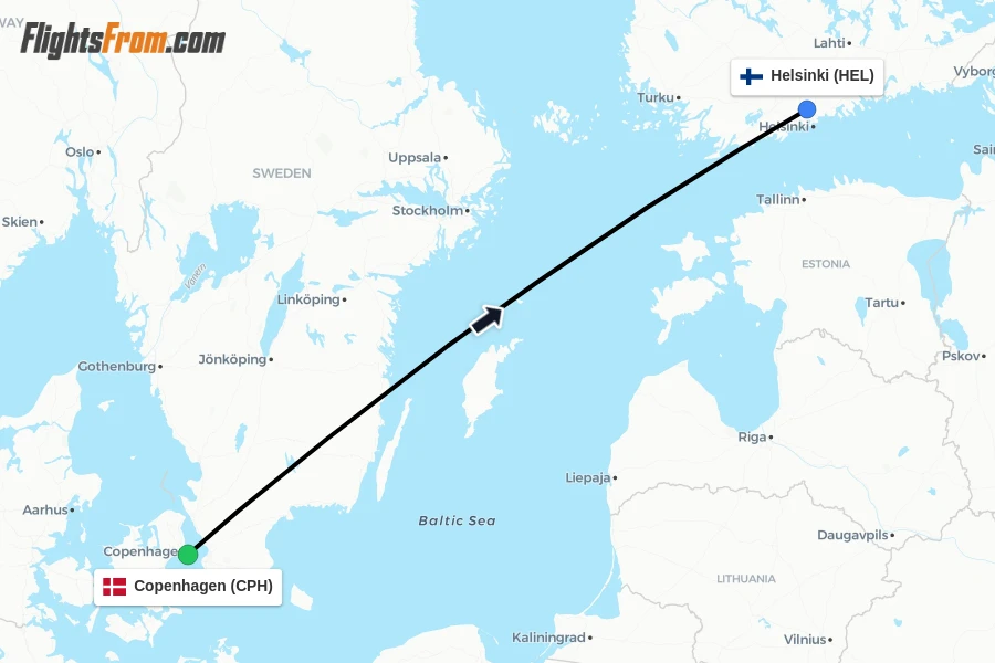 Flights from Copenhagen to Helsinki route map