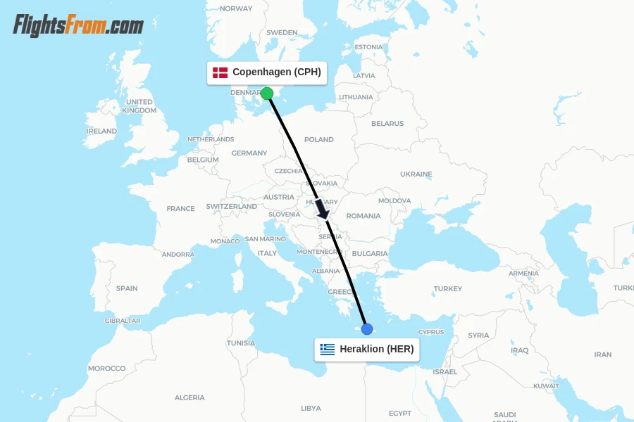 Flights from Copenhagen to Heraklion route map