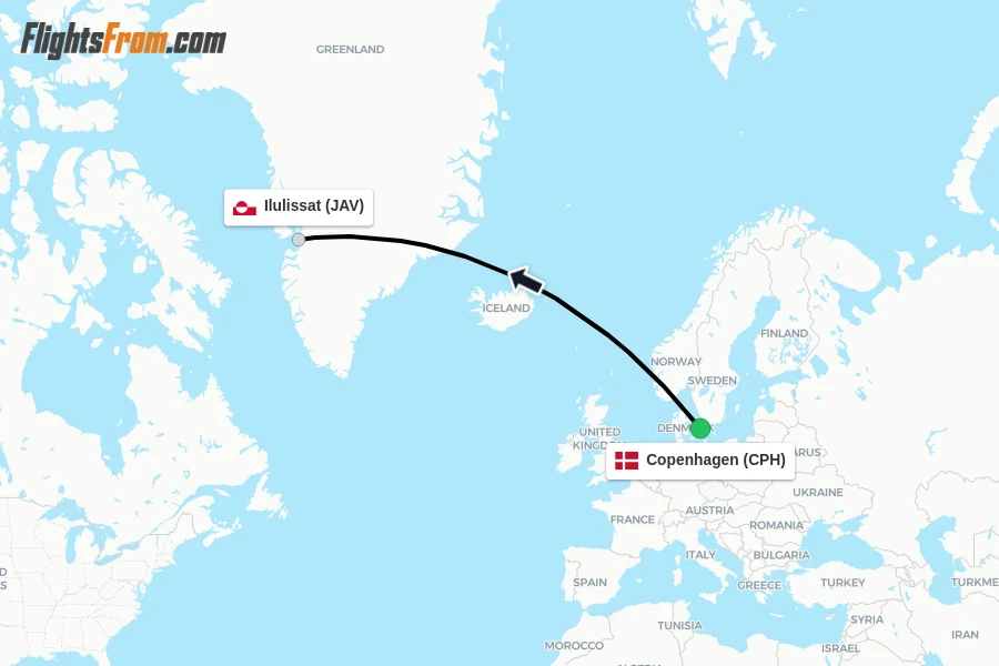 Flights from Copenhagen to Ilulissat route map