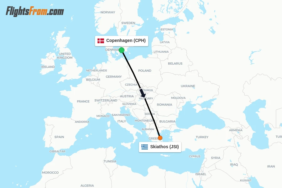 Flights from Copenhagen to Skiathos route map