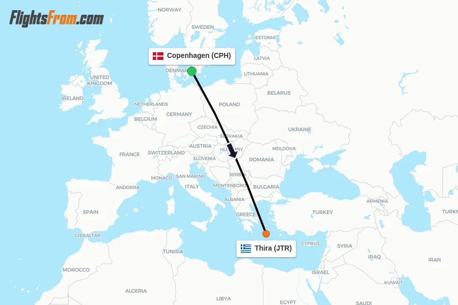 Flights from Copenhagen to Thira route map