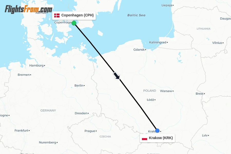Flights from Copenhagen to Krakow route map