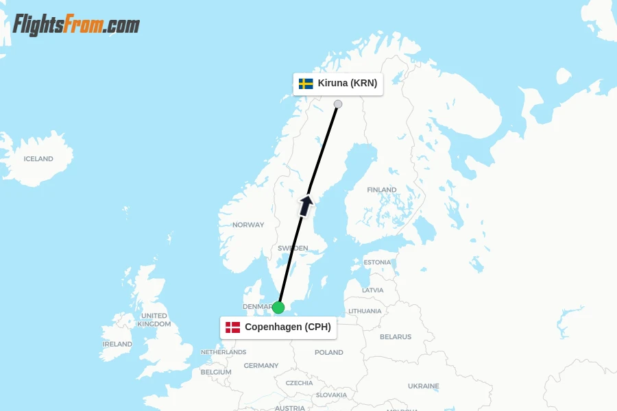 Flights from Copenhagen to Kiruna route map
