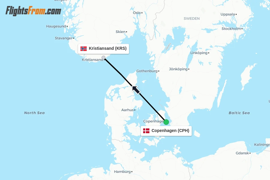 Flights from Copenhagen to Kristiansand route map