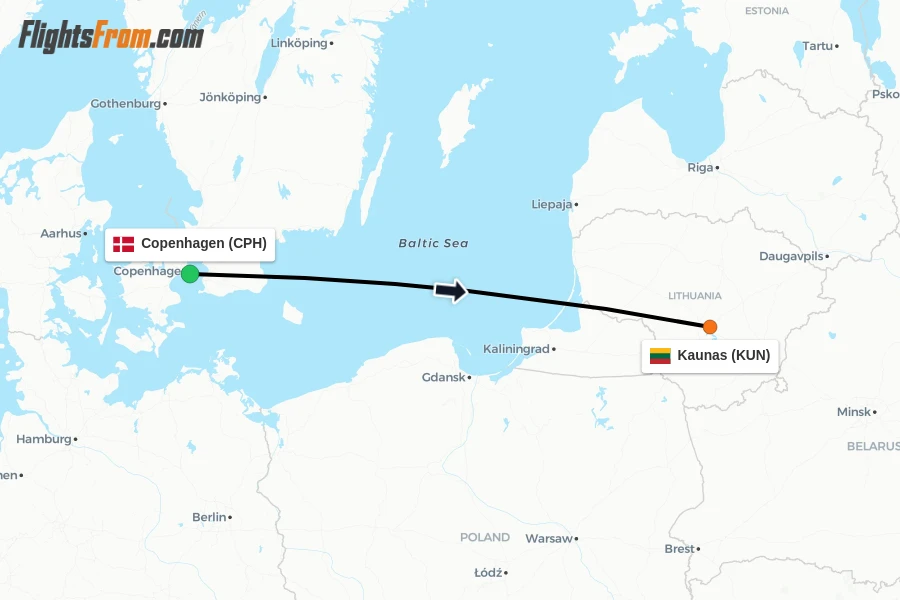 Flights from Copenhagen to Kaunas route map