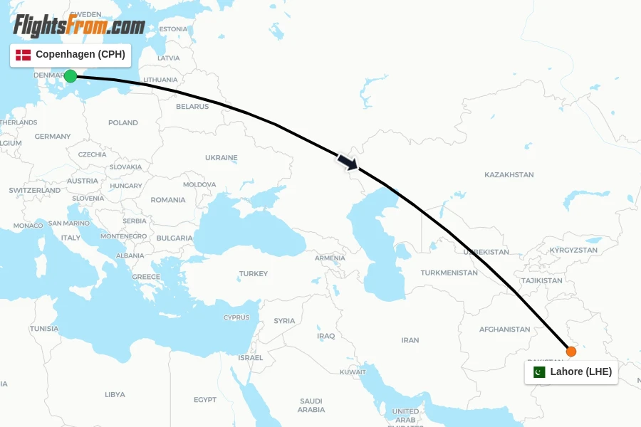 Flights from Copenhagen to Lahore route map