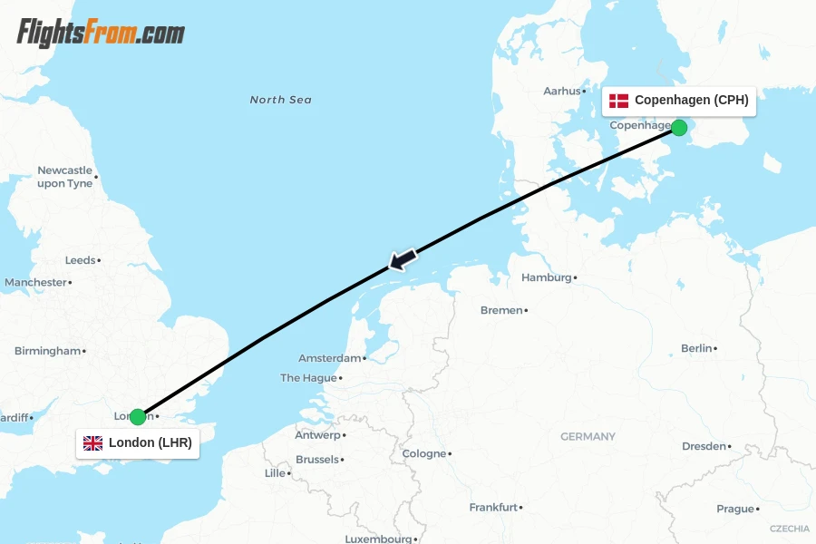 Flights from Copenhagen to London route map