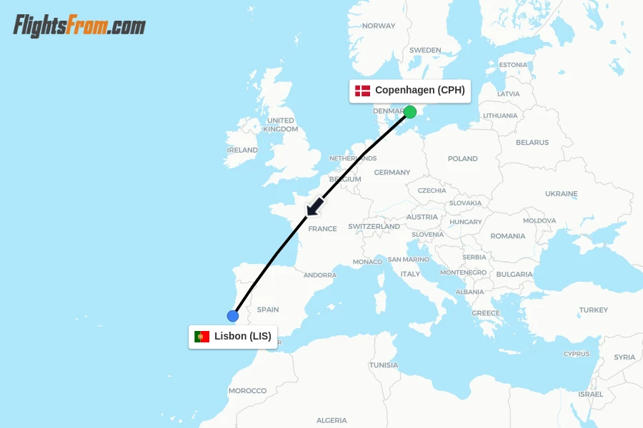 Flights from Copenhagen to Lisbon route map