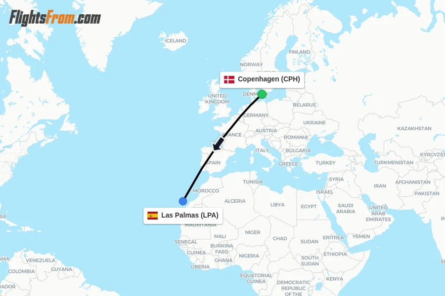 Flights from Copenhagen to Las Palmas route map
