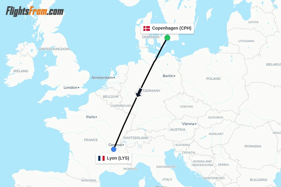 Flights from Copenhagen to Lyon route map