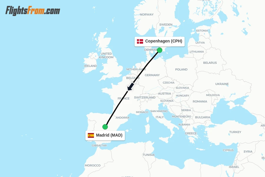Flights from Copenhagen to Madrid route map