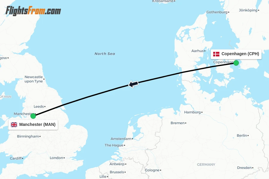 Flights from Copenhagen to Manchester route map