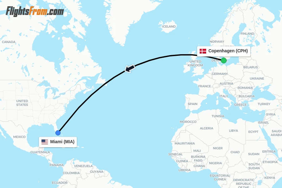 Flights from Copenhagen to Miami route map
