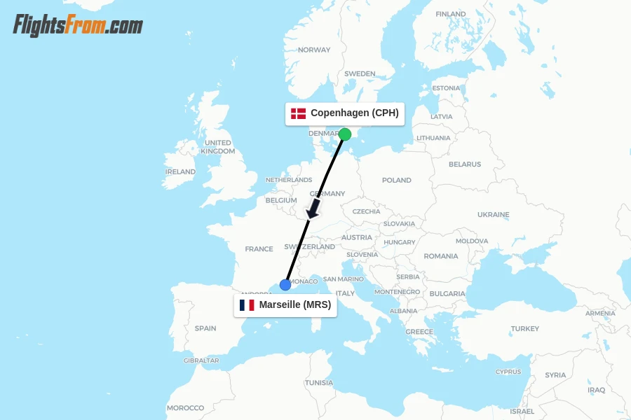 Flights from Copenhagen to Marseille route map