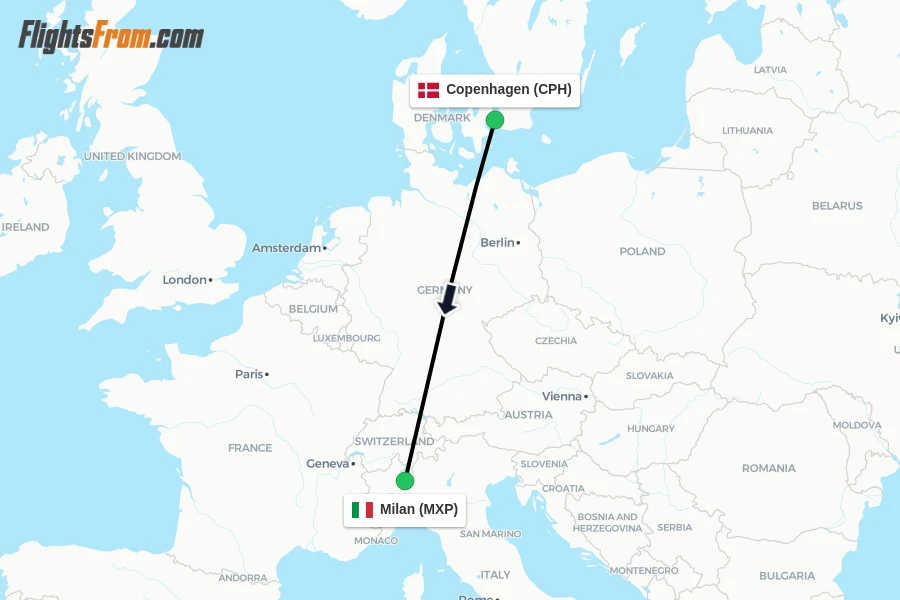 Flights from Copenhagen to Milan route map