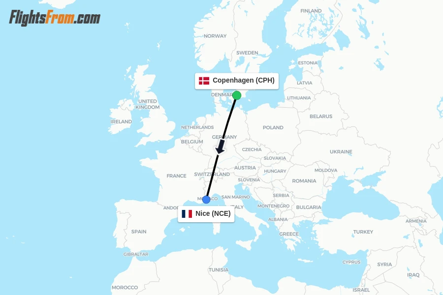 Flights from Copenhagen to Nice route map