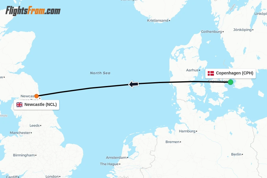 Flights from Copenhagen to Newcastle route map
