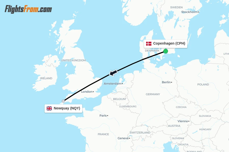 Flights from Copenhagen to Newquay route map