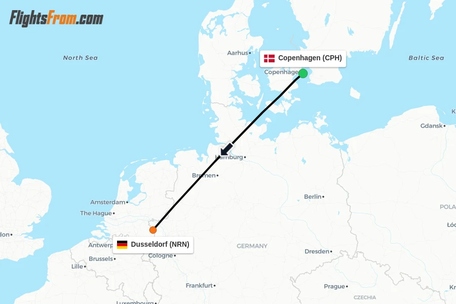 Flights from Copenhagen to Dusseldorf route map