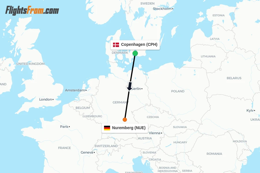 Flights from Copenhagen to Nuremberg route map