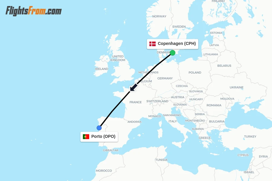 Flights from Copenhagen to Porto route map