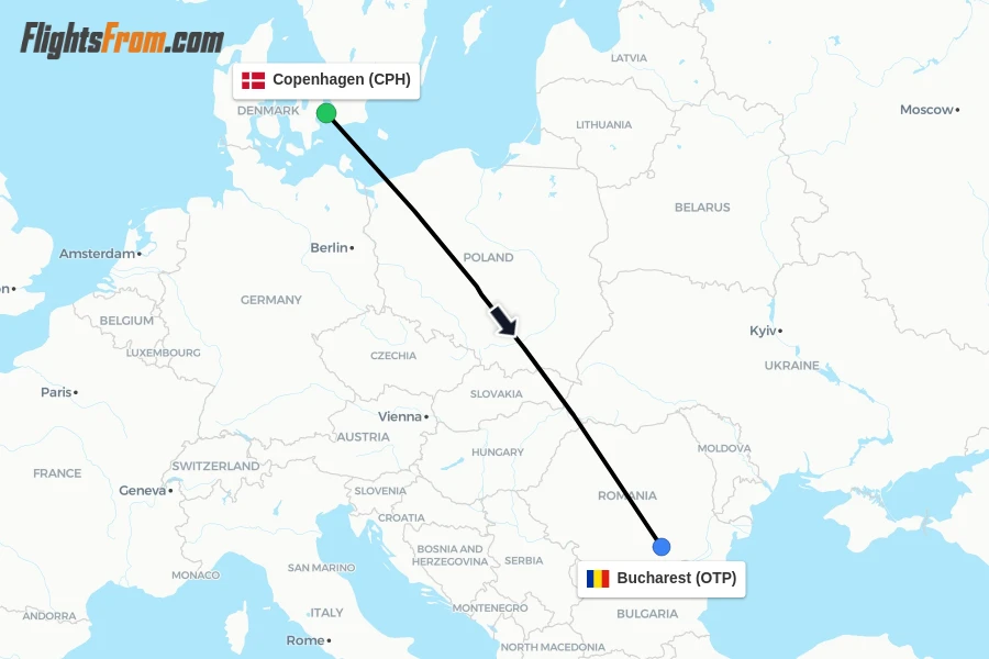 Flights from Copenhagen to Bucharest route map
