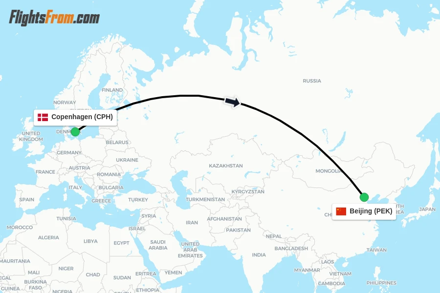 Flights from Copenhagen to Beijing route map