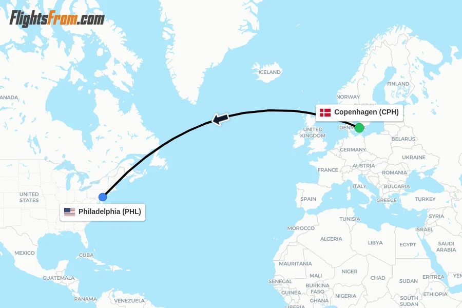 Flights from Copenhagen to Philadelphia route map