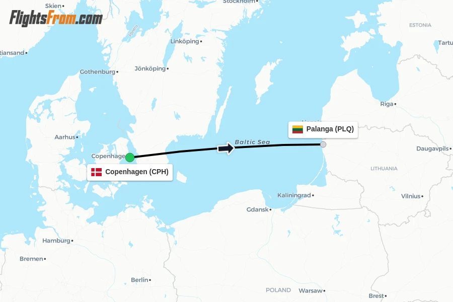 Flights from Copenhagen to Palanga route map