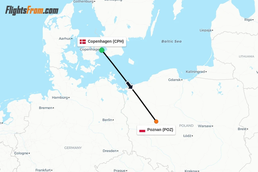 Flights from Copenhagen to Poznan route map